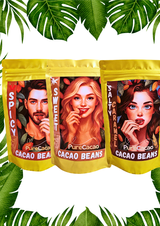 3x Ochutené Kakaové Bôby - Sladké Vanilka+Škorica, Slaný Karamel, Jemne Pikantné - Zľava 10%