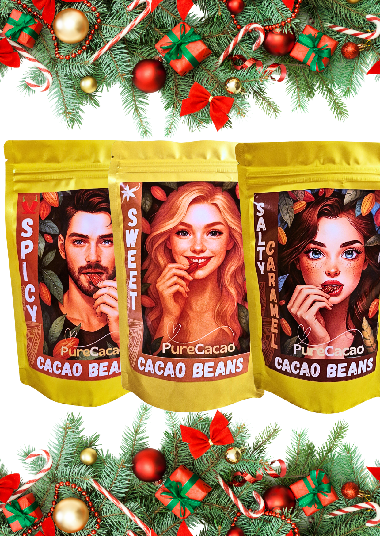 3x Ochutené Kakaové Bôby - Sladké Vanilka+Škorica, Slaný Karamel, Jemne Pikantné - Zľava 10%