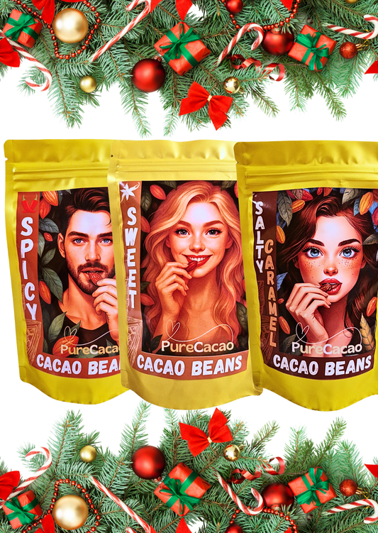 3x Ochutené Kakaové Bôby - Sladké Vanilka+Škorica, Slaný Karamel, Jemne Pikantné - Zľava 10%